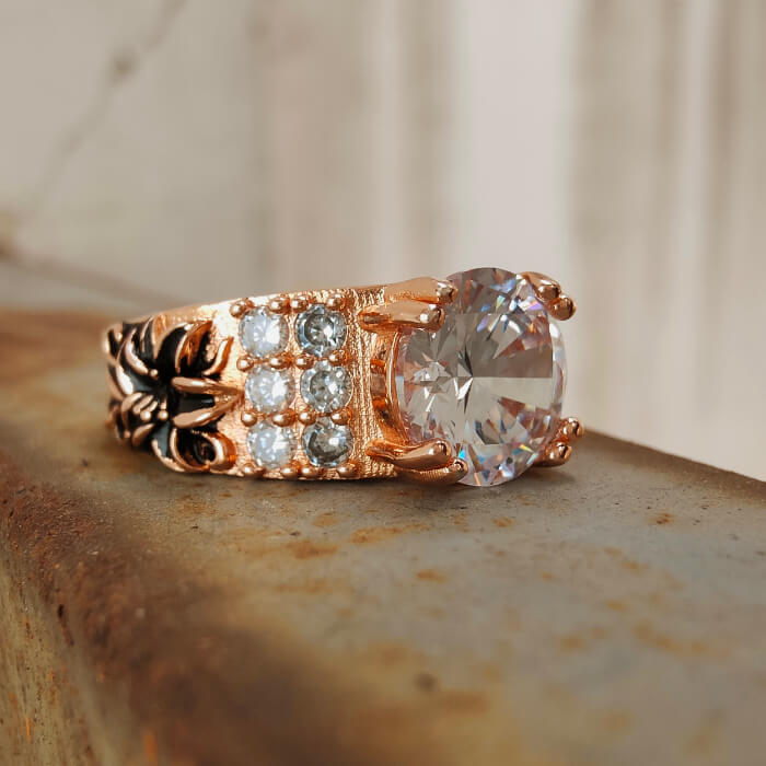 Lily Flower Engraved Round Cut Western Rose Gold Engagement Ring