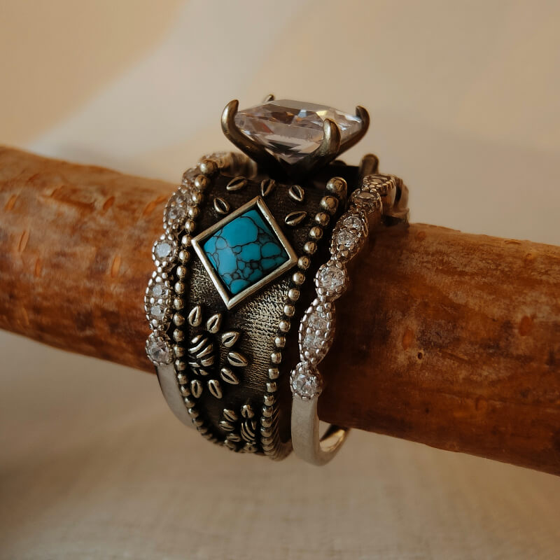 3pc Diamond Sterling Silver Vintage Turquoise Ring Set