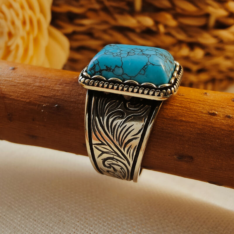 Flower Wide Band Rectangle Womens Turquoise Rings