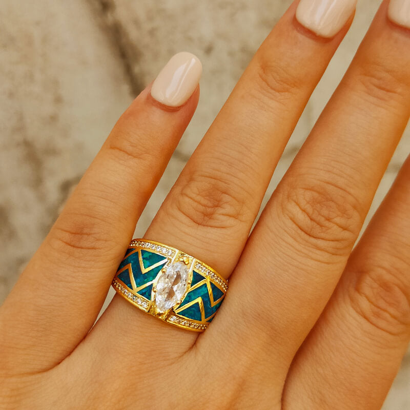 Marquise Cut Blue Opal Diamond Ring for Woemn