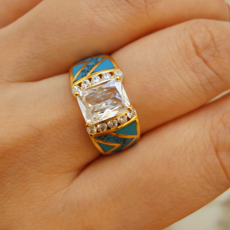 River Cuff Diamond Gold Turquoise Ring for Women