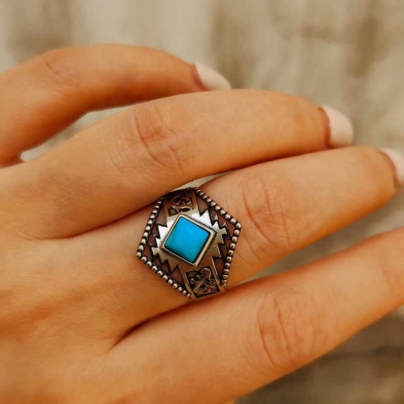 Western Engraved Symbol Square Cut Turquoise Ring