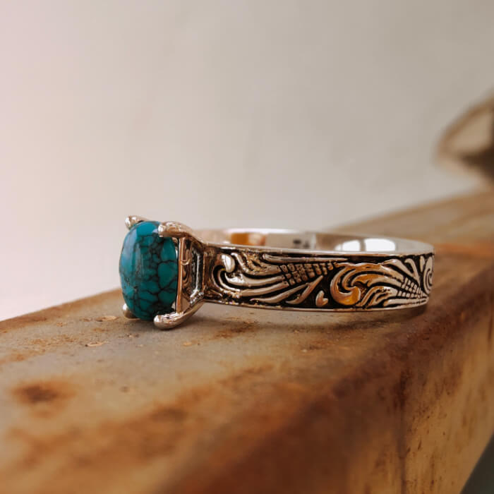 Flower Engraved Oval Nature Turquoise Western Ring