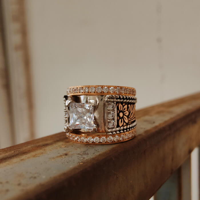 3pc Rose Gold Flower Square Diamond Western Promise Rings