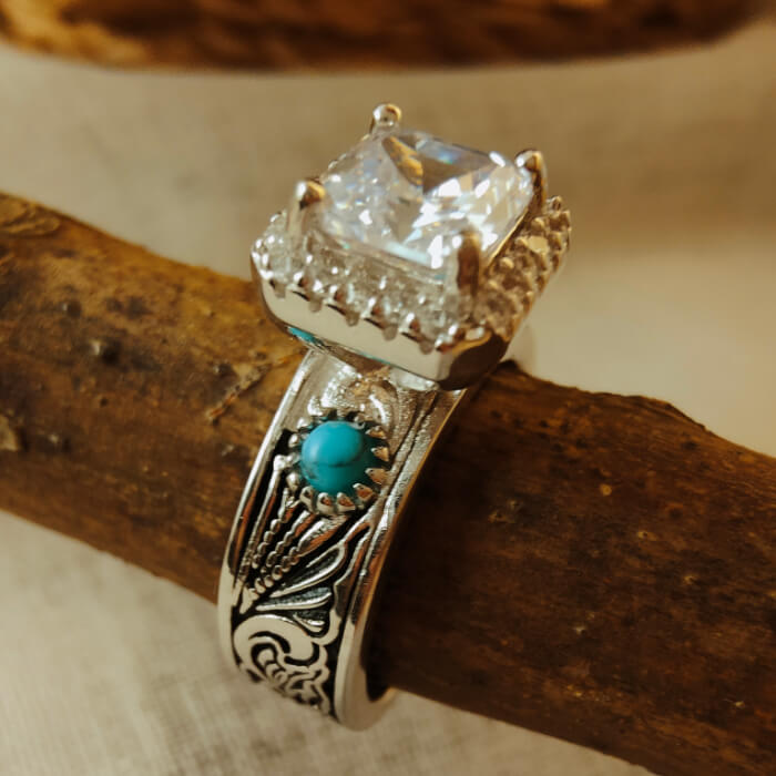 Western Radiant Cut Diamond Turquoise Engagement Ring