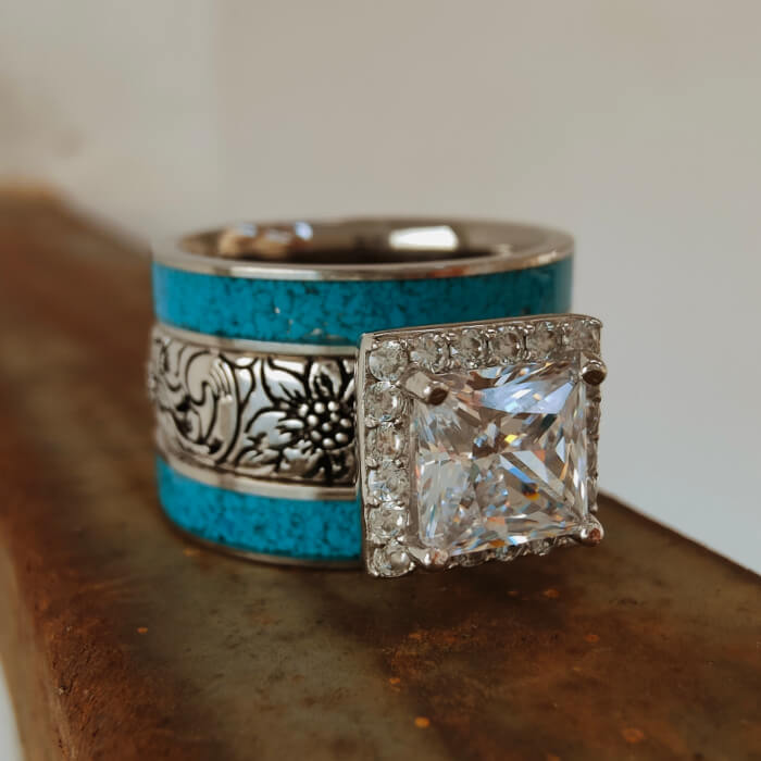 3pc Flower Princess Cut Crush Turquoise and Diamond Ring