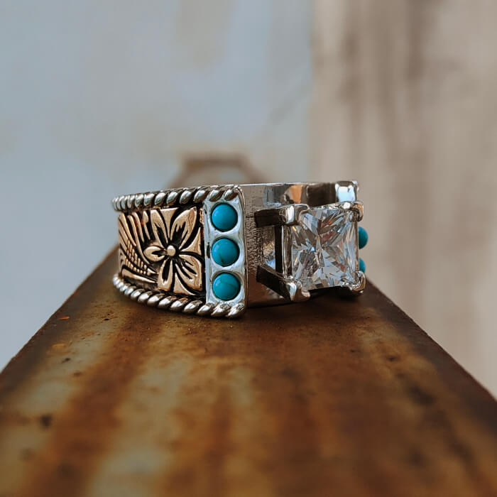 Women Flower Square Diamond Western Turquoise Wedding Ring