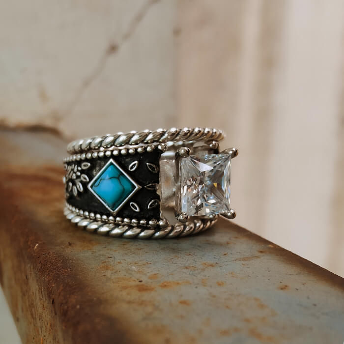 3pc Sterling Silver Western Engraved Square Diamond Ring