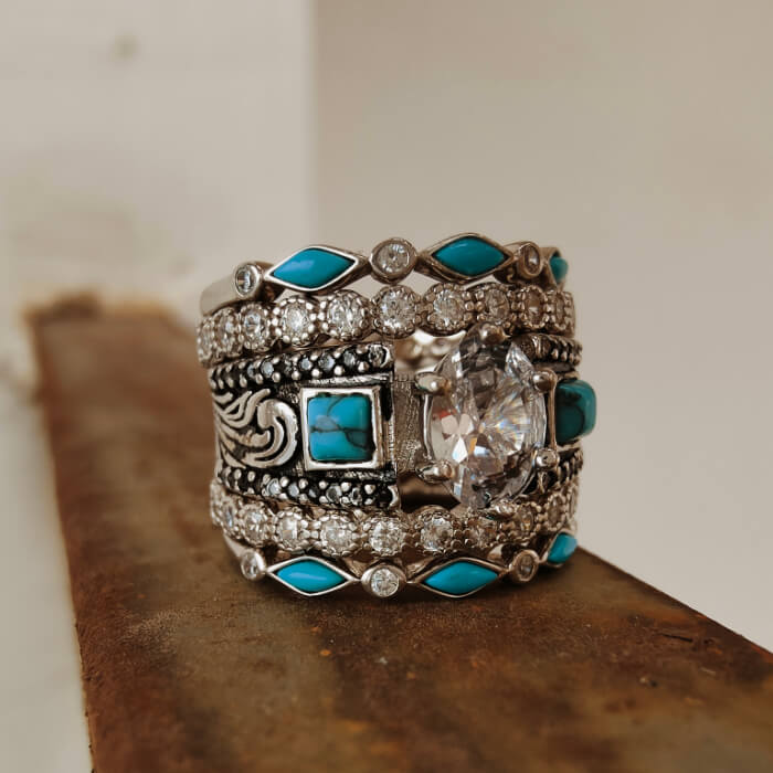 5pc Oval Cut VintageWestern Turquoise Wide Band Wedding Ring Set