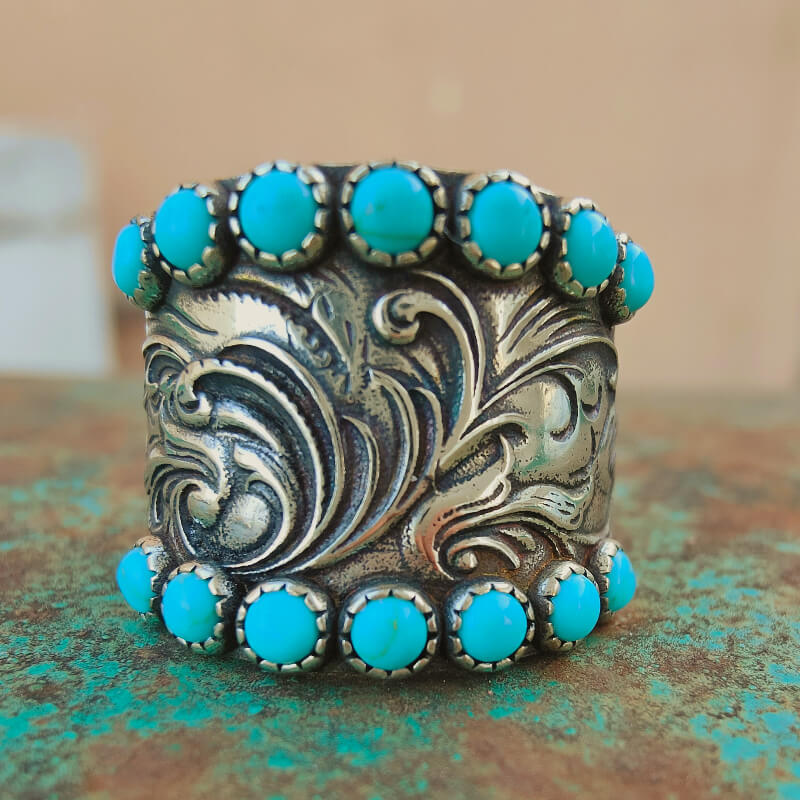 Western Engraved Symbol Square Cut Turquoise Ring