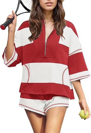 2025 spring and summer new women's striped half-sleeve oversized lining shorts casual sportswear two-piece suit