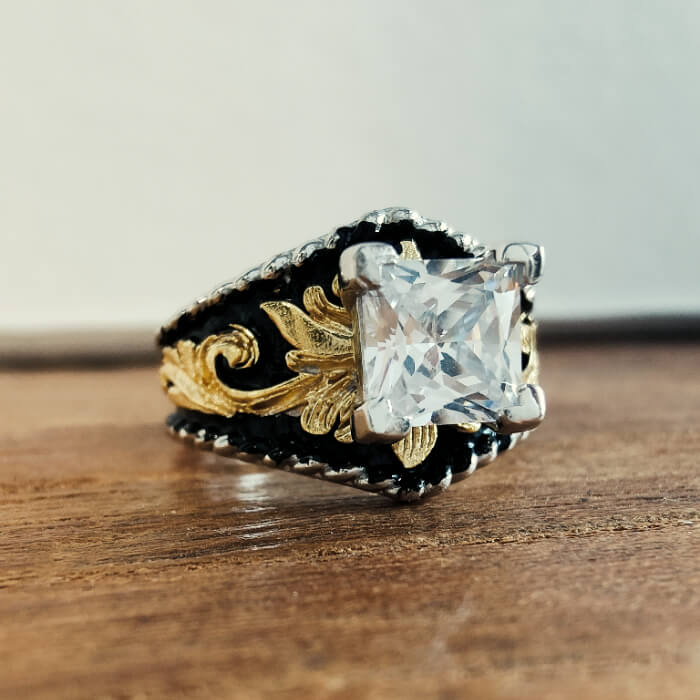 Vintage Square Cut Western Ring – Gold Leaf Engraved Black Enamel Statement Ring