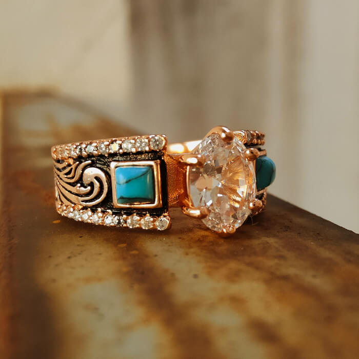 Rose Gold Oval Cut Turquoise Wide Band Engagement Rings with Slide Diamond Accents