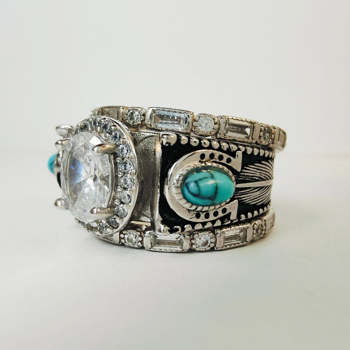 Women Turquoise Feather Horseshoe Oval Engagement Rings with Diamond Halo