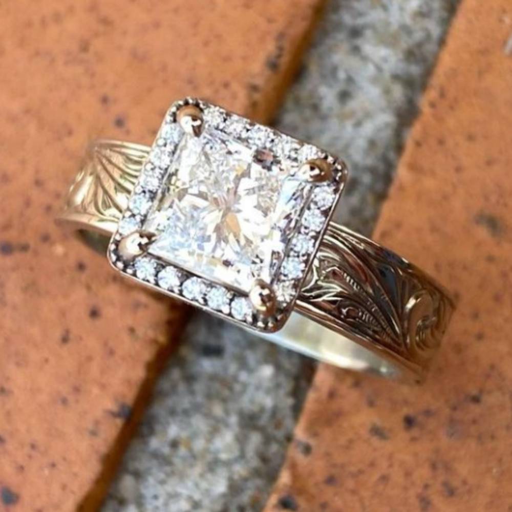 Flower Engraved Square Western Diamond Ring