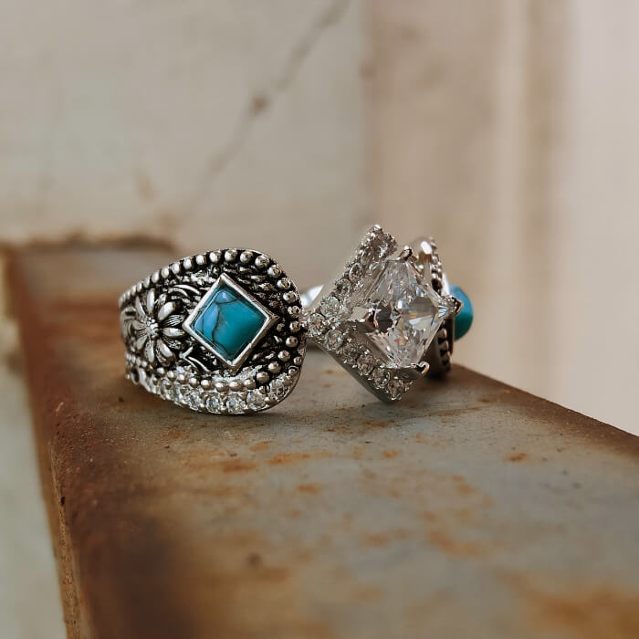 Flower Engraved Princess Cut Western Turquoise Engagement Ring