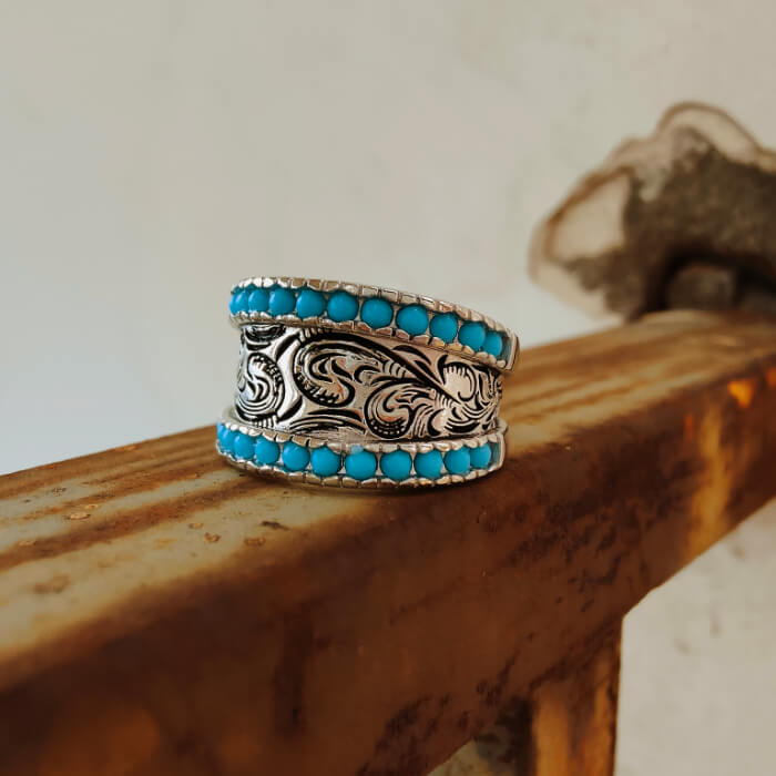 Women Western Flower Turquoise Band Rings for Women