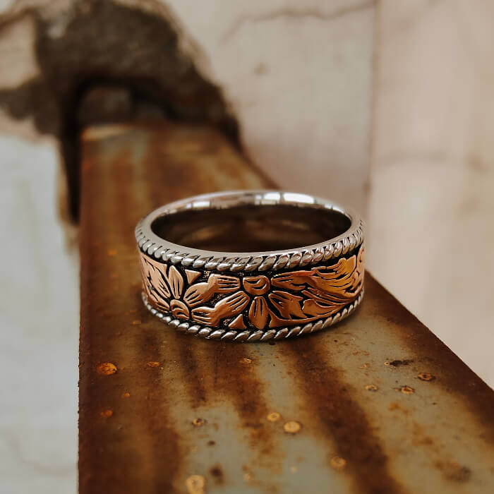 8mm Rose Gold Flower Western Style Band Rings