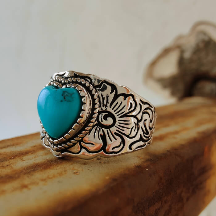 Women Western Flower Heart Turquoise Rings