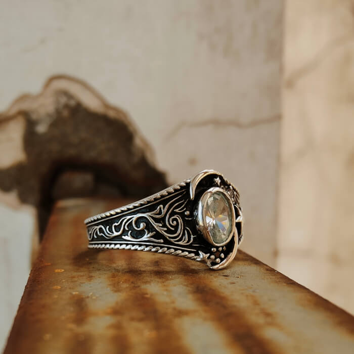 Women Moon Star Oval Cut Rustic Western Wedding Rings