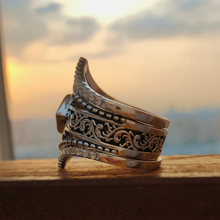 3pc Western Symbol Princess Diamond Engraved Wedding Rings