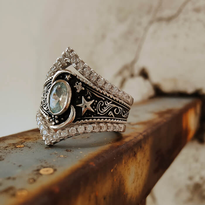 Moon and Star Ring with Oval Gemstone Celestial Jewelry