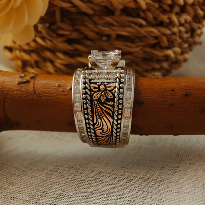 3pc Sterling Silver Flower Engraved Diamond Western Engagement Rings