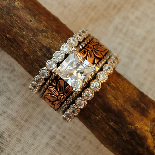 3pc Princess Cut Vintage Rose Gold Western Wedding Ring Set