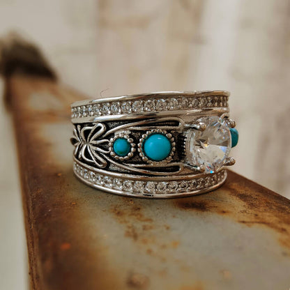 Western Plant Engraved Round Turquoise Engagement Rings