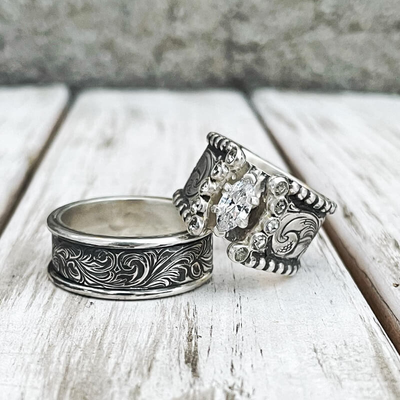 Women Engraved Wide Band Marquise Diamond Western Engagement Ring