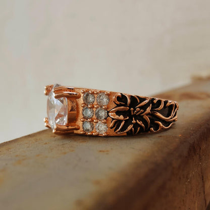 Lily Flower Engraved Round Cut Western Rose Gold  Engagement Ring