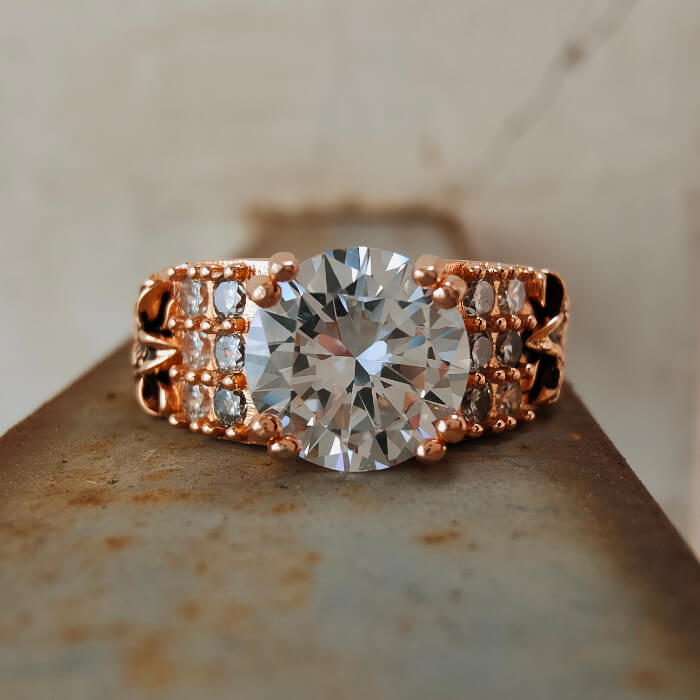 Lily Flower Engraved Round Cut Western Rose Gold  Engagement Ring