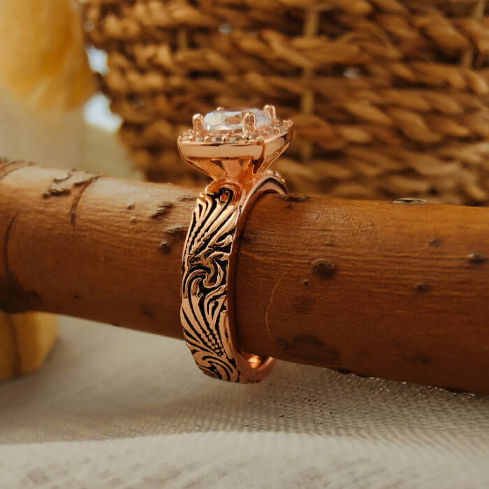 3pc Round Moissanite Rose Gold Vintage Western Rings