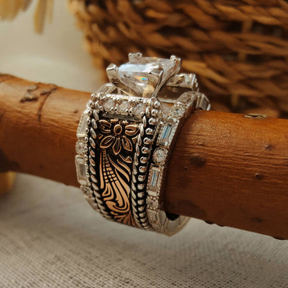 3pc Sterling Silver Vintage Flower Square Diamond Western Promise Rings