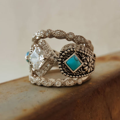 3pc Princess Cut Diamond Western Turquoise Wedding Ring with Slide Flower