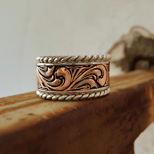 3pc Rose Gold Western Engraved Wedding Bands
