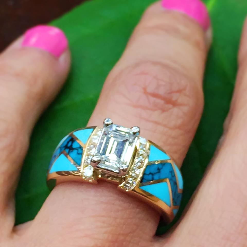 River Cuff Diamond Gold Turquoise Ring for Women