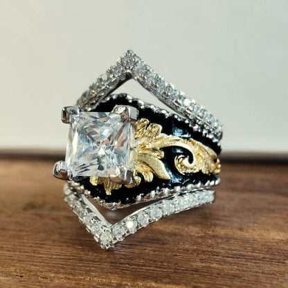 Princess Cut Vintage Engagement Ring – Western Gold Leaf Black Enamel Band