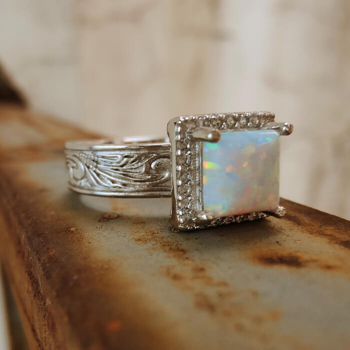 Western Square Blue Opal Diamond Engagement Rings