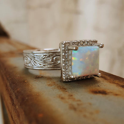 Western Square Blue Opal Diamond Engagement Rings