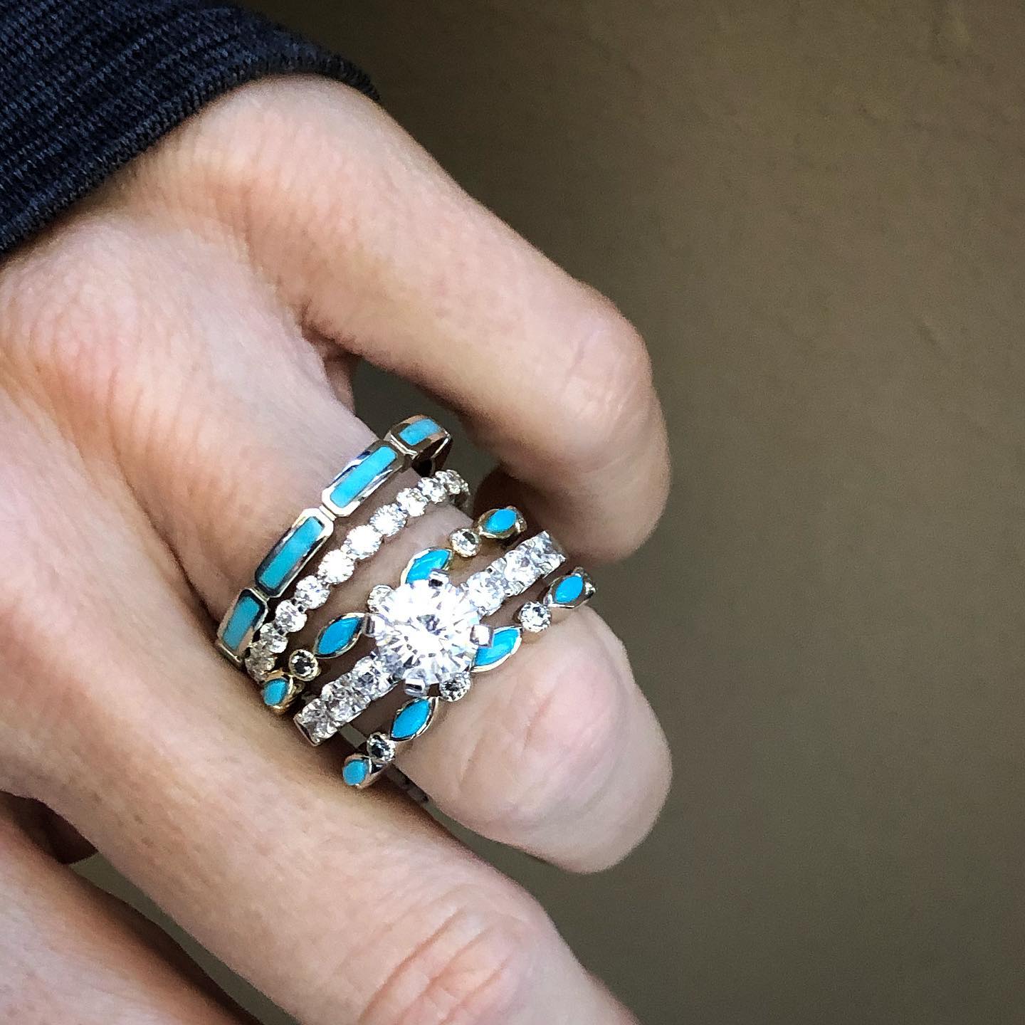 4pc Sterling Silver Band Vintage Turquoise Engagement Ring Sets