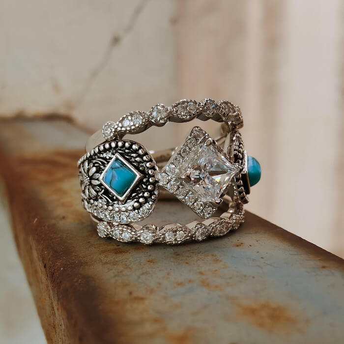 3pc Princess Cut Diamond Western Turquoise Wedding Ring with Slide Flower