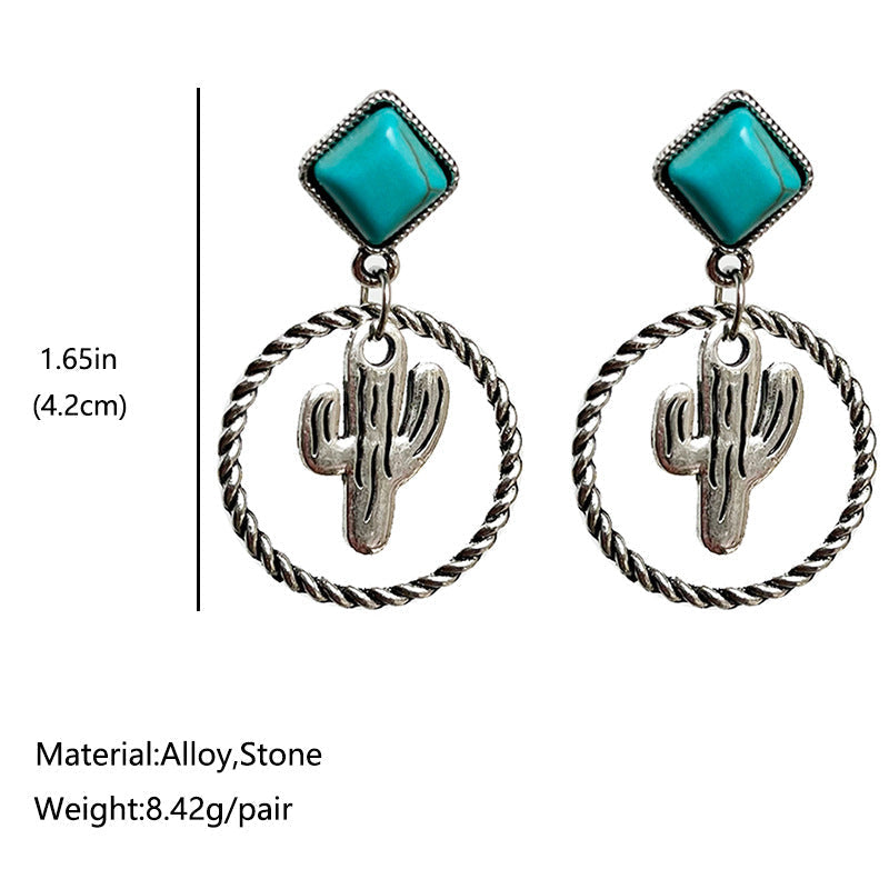 Western Cactus Flower Turquoise Hoop Earrings
