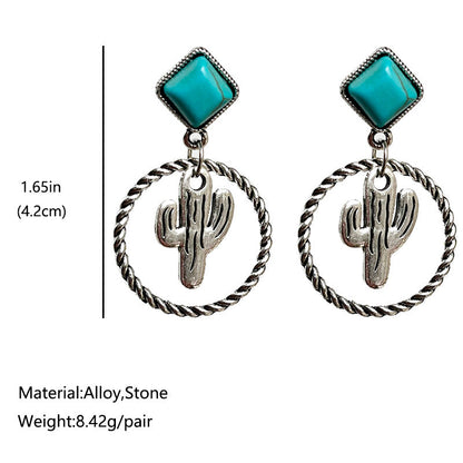 Western Cactus Flower Turquoise Hoop Earrings