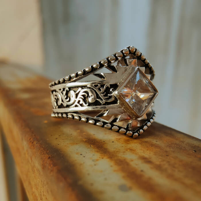 Western Symbol Princess Diamond Engraved Rustic Wedding Rings