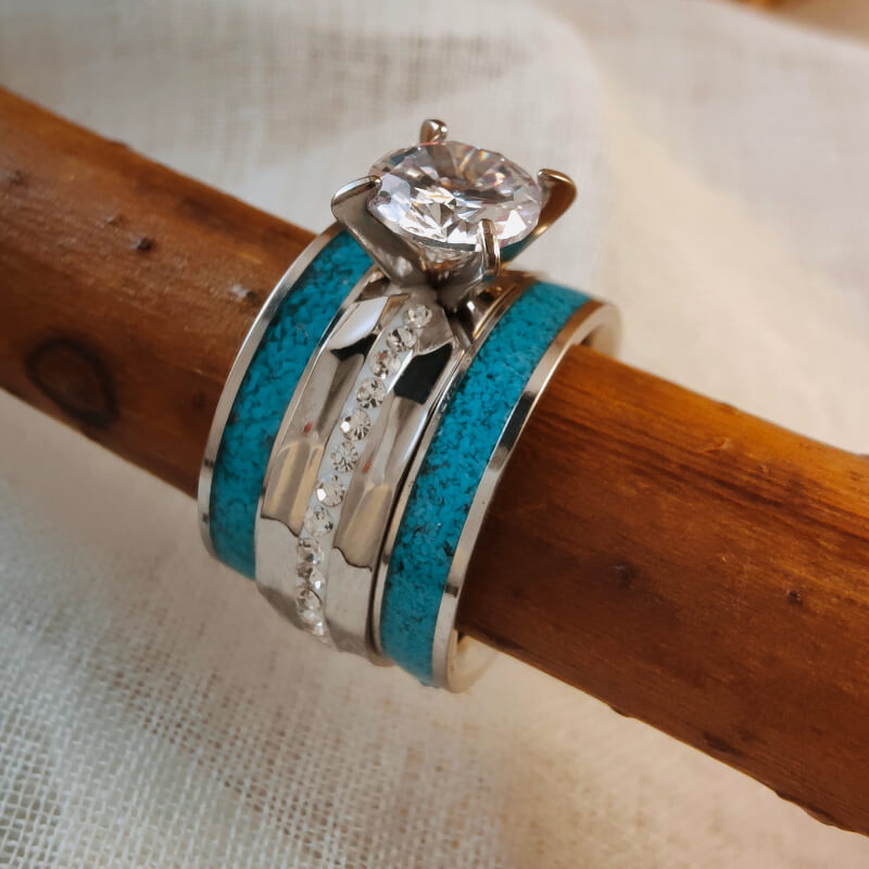 3pc Women Steel Turquoise Diamond Ring Set
