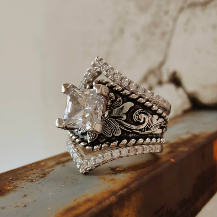 3PC Vintage Western Ring Set Square Cut Engagement Ring