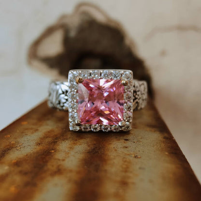 Women Flower Pink Princess Cut Western Promise Rings