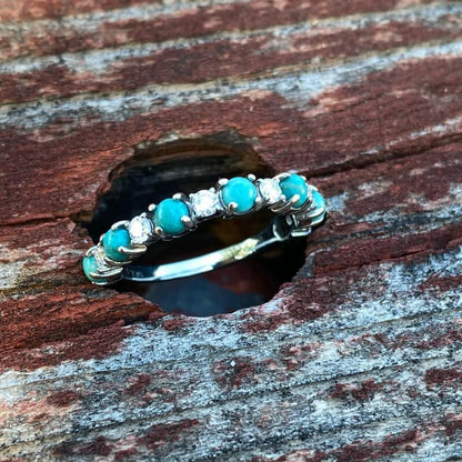 Silver Round Turquoise Diamond Band Ring