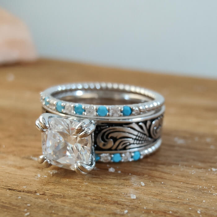 3pc Flower Western Wedding Turquoise and Diamond Ring